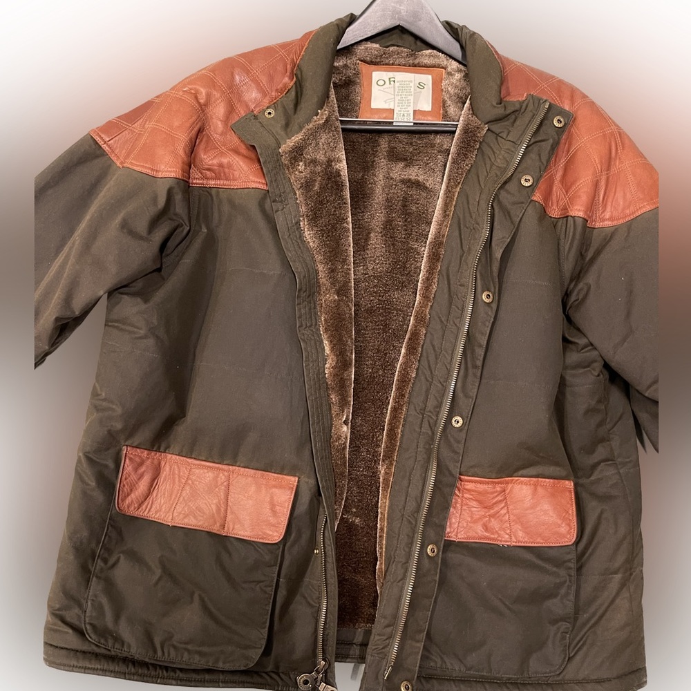 Orvis Heritage Leather Trim Fleece Lined Field Jacket Utility Coat Olive Brown